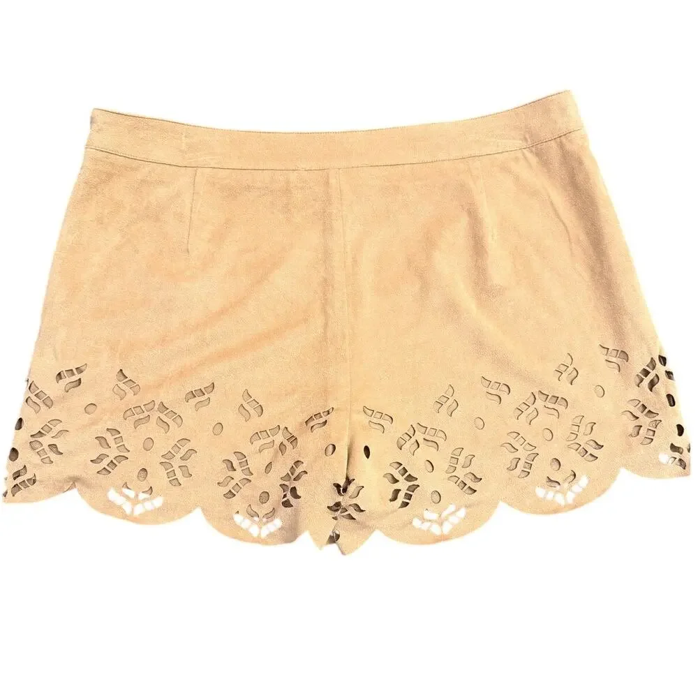 New Stella Luce Tan Faux Suede Scalloped Shorts Boho Size Large - Picture 3 of 6